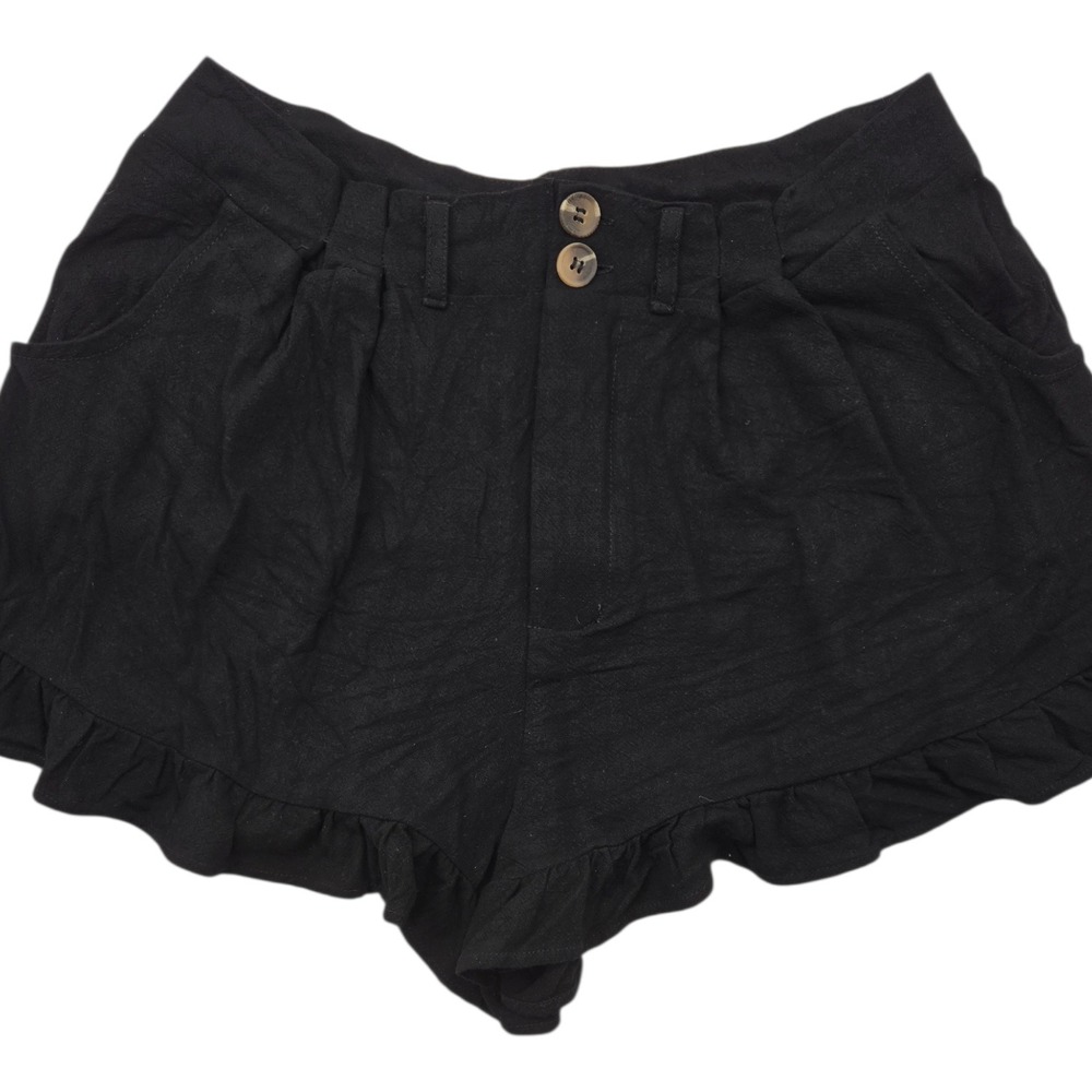 Umgee USA Black Linen Blend Ruffle Hem High Waist Shorts Women's Size L Pleated